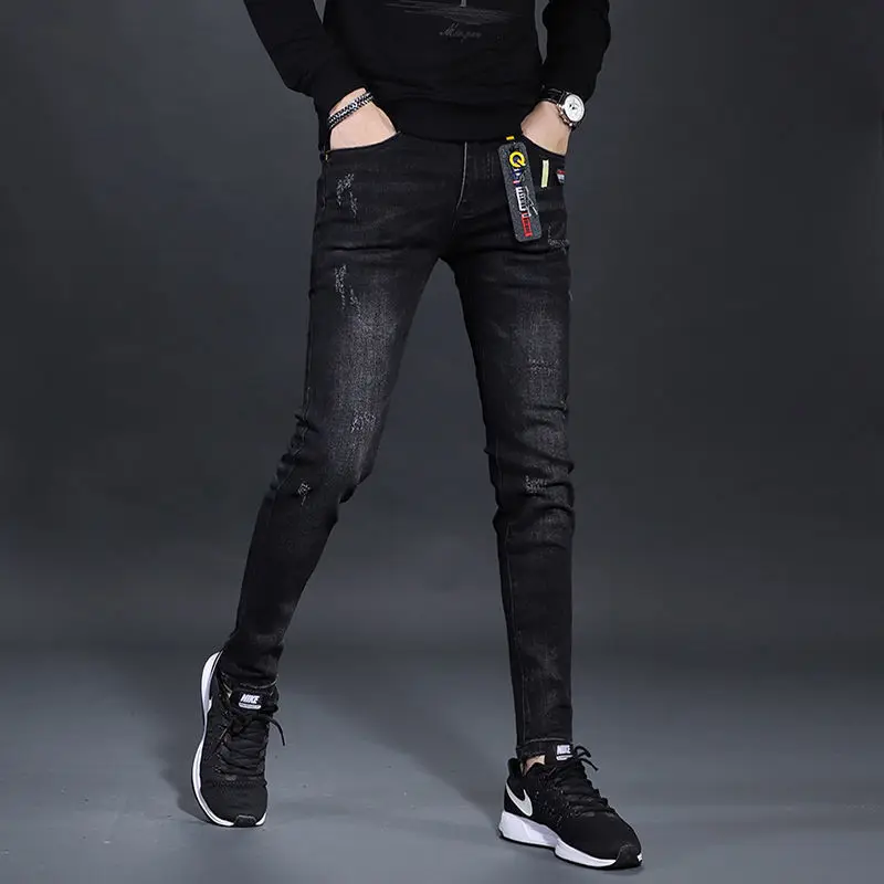 

High Quality Men’s Street Fashion New Style Scratches Casual Pants,Korea Version Slim-fit Black Pants,Youth Trendy Sexy Pants;