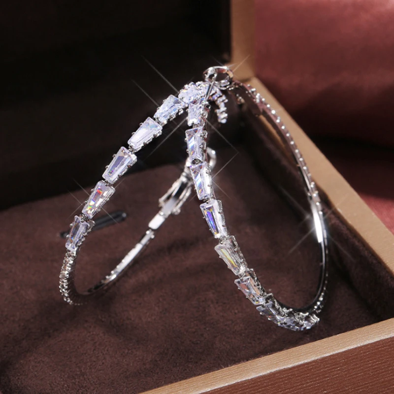 

UILZ Luxury Zircon Big Hoop Earrings Silver Plated Micro Paved CZ Crystal Earrings for Party Korean Fashion Jewelry