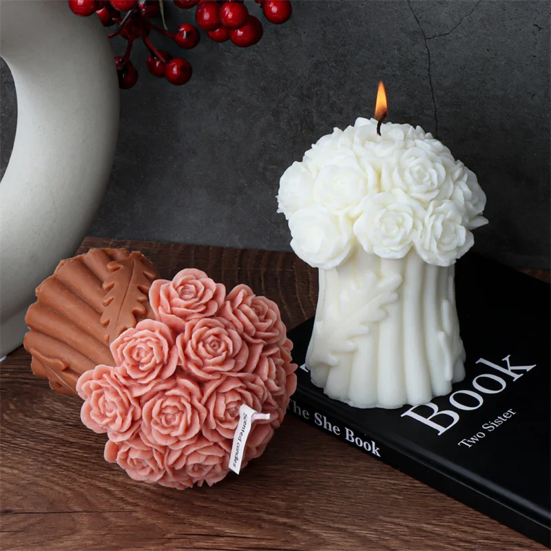 

Rose Flower Bouquet Candle Silicone Mold Fragrant Bloom Rose Abstract Art Plaster Candle Mould 3D Resin Molds Wedding Gift Decor