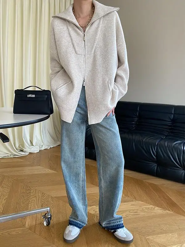 Двойная молния вязаный кардиган Lazy Feeling свитер верхняя одежда женский