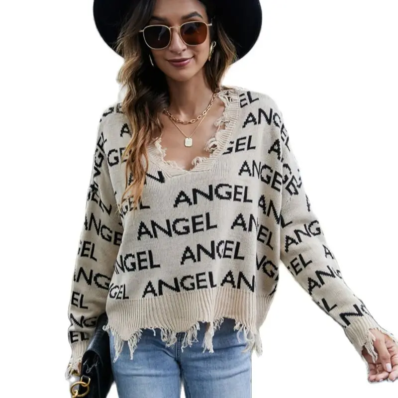 

New Spring Autumn Printed Letters Sweater Casual Irregular Tops Sexy V-neck Loose Style Clothes Drop Shipping