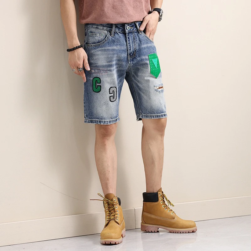 EH·MD® Leather Micro Chapter Embroidered Denim Shorts Men's Summer Light Blue Letter Decoration Cotton Slim Pants Trend High End