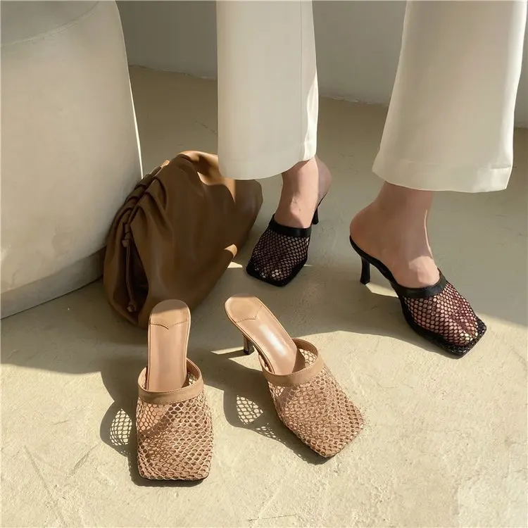 

2022 Sexy Hollow Out Mesh Women Pumps Sandals Female Square Toe High Heel Summer Fashion Breathable Sandals Large Size 35~43
