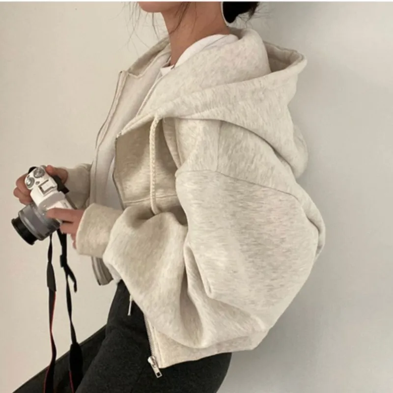 

We.Fine 2023 Autumn Women Hoodies Retro Solid Zip Up Sweatshirts Harajuku Korean Version Long Sleeve Hooded Jackets Coat