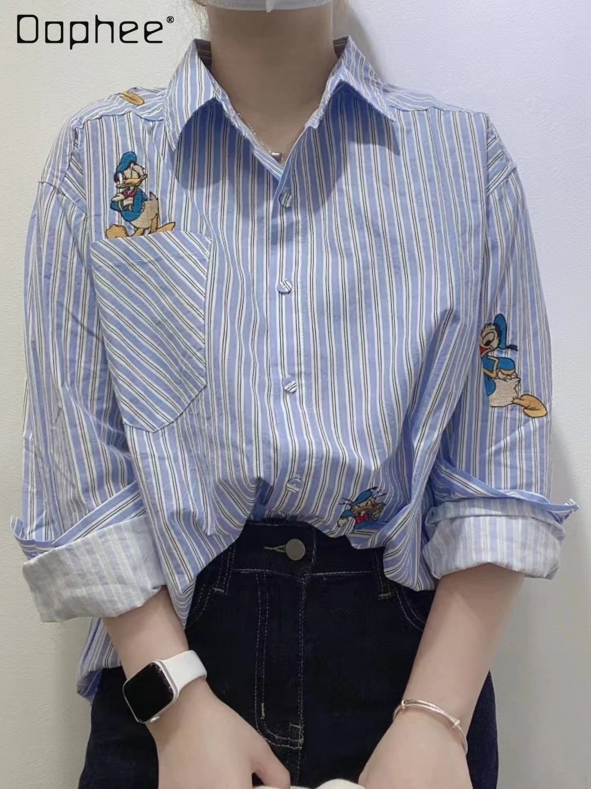 

Vertical Striped Shirt Women's Cartoon Embroidered Long Sleeve Shirts Top 2022 Autumn New Korean Style Loose Easy Matching Coat