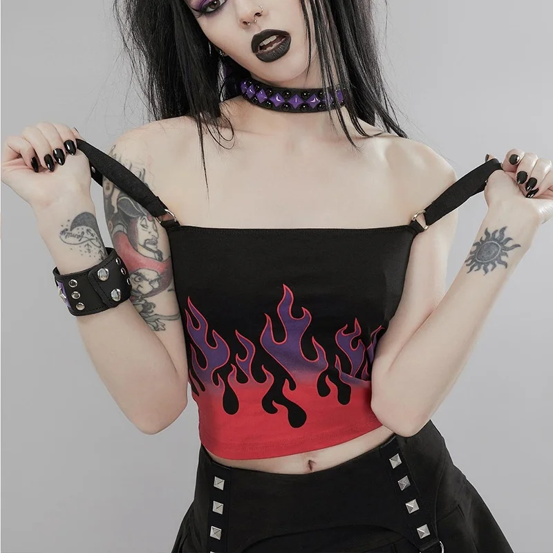 

Women's Gothic Dark Pullover Sexy Crop Top Print One-neck Slim Camisole Streetwear Fashion and Elegant Patchwork Contrast Tops