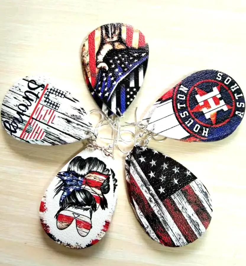 

Fashion New Double Sides USA Flag Print Pu Leather Teardrop Earrings Western Cowboy Cowgirl Jewelry Wholesale