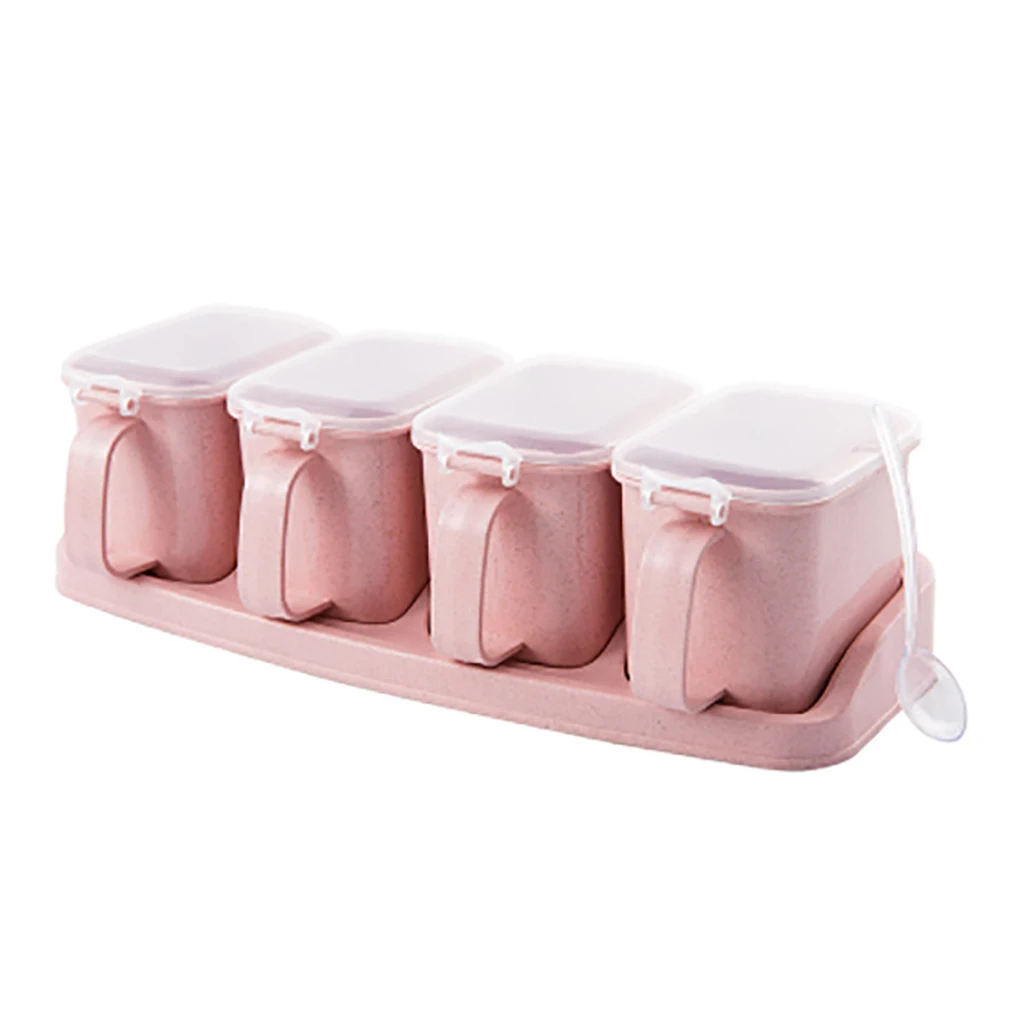 

High Quality 4 Grid Seasoning Box Set Spice Salt Sugar Jars Pepper Condiment Storage Container with Small Spoon