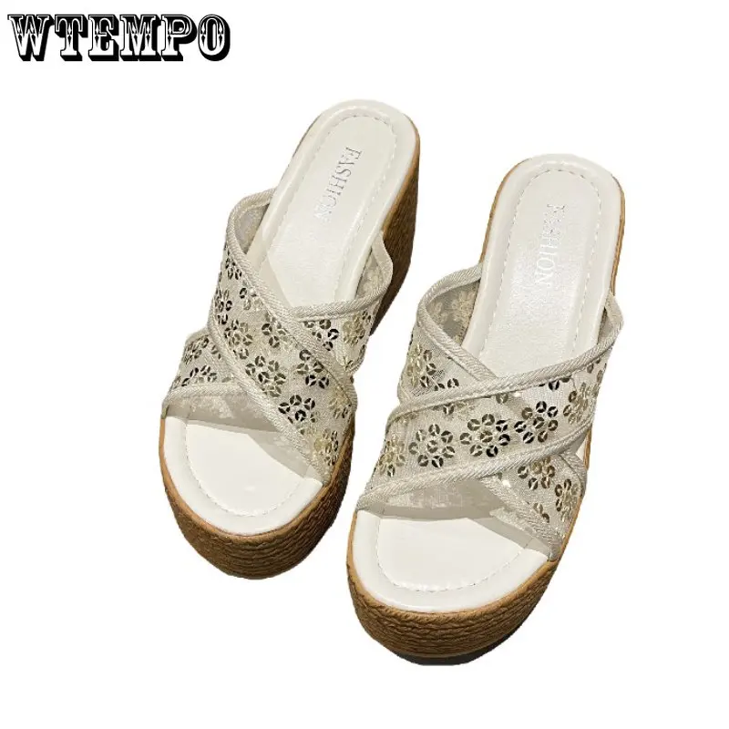 

WTEMPO Fashion Sequin Fishmouth Sandals Women's Wedge Heel High Heeled Slippers Wholesale Dropshipping