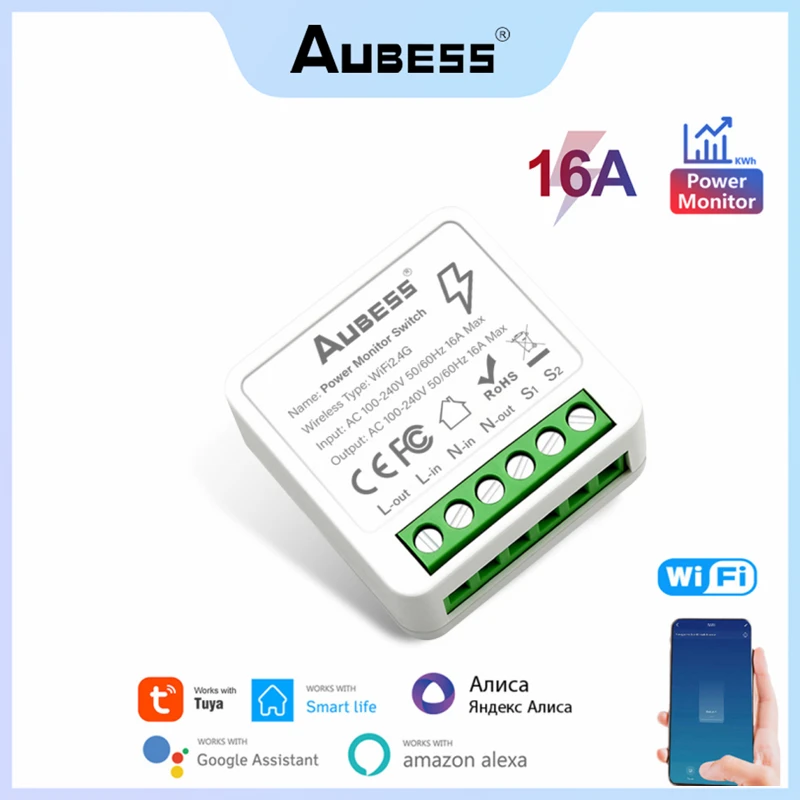

Мини-переключатель Aubess Tuya с поддержкой Wi-Fi, 16 А