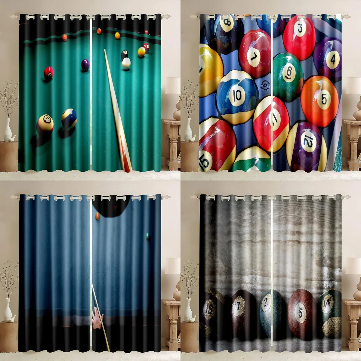 

Window Curtains, Billiard Pool Balls Arrangement Snooker Contest Beginning Entertainment Game Print Shading Blackout Curtains