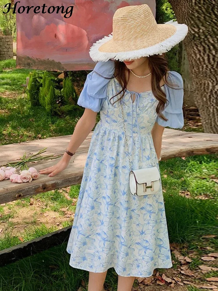

Horetong Summer Vintage Floral Dress Women Korean Elegant Sweet Pile Up Sleeves Midi Dresses Fashion French Holiday Vestidos