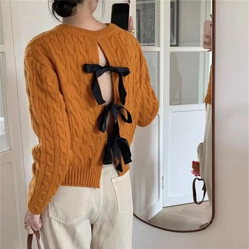 

Hsa элегантный сексуальный свитер 2023, Женский Осенний Однотонный свитер с круглым вырезом, открытой спиной и бантом на спине, трикотажный Модный мягкий пуловер, свитера