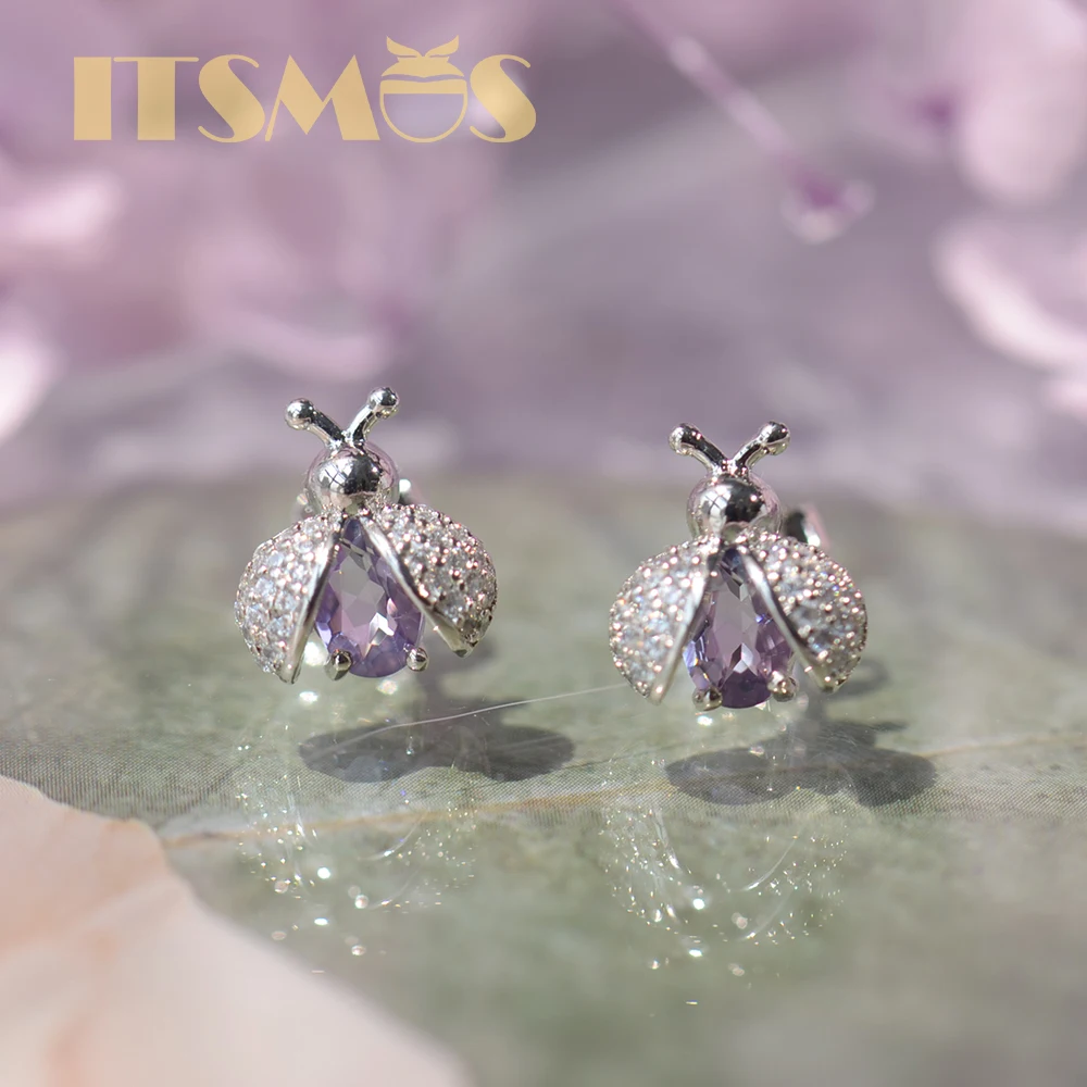 Серьги-гвоздики ITSMOS с божьей коровкой аметистом цитрином топазом гранатом