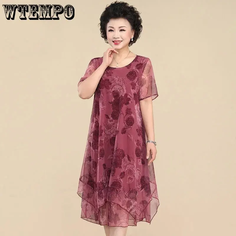 

WTEMPO O-Neck Short Sleeve Dresses Vintage Floral Printed Summer Gauze Spliced Women Stylish Irregular Loose Calf-length Dresses