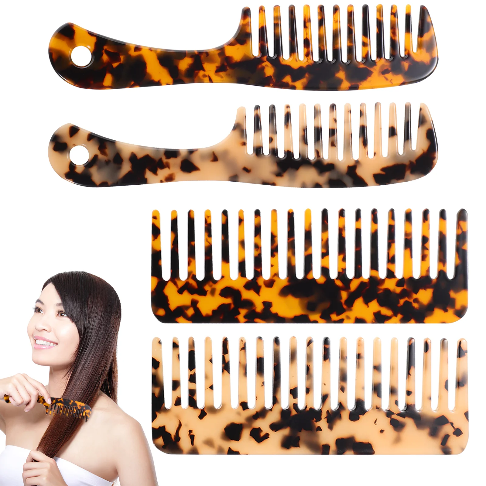 

4Pcs Leopard Print Hair Comb Wide Tooth Acetic Acid Hair Detangler Comb for Thick Curly Wavy Hair