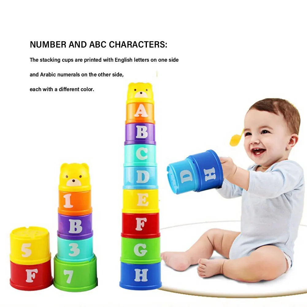 

9pcs Fun Development Indoor Outdoor Counting Beach Baby Stacking Cup Bath Toddler Nesting Sorting Toys Infant Gift Figure Letter
