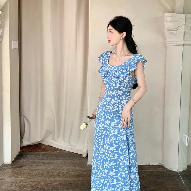 2023 Original Chiffon Dress Summer French Style Ruffle Edge Vest Tank Open-Back Long For Women