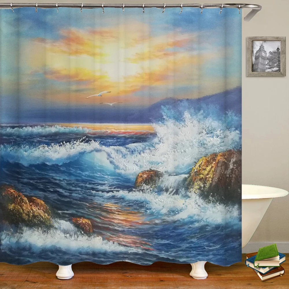 

Sunset Ocean Wave Shower Curtain Tropical Hawaiian Sea Surfing Waves Scenic Bathroom Bath Curtains Waterproof with Hooks Decor
