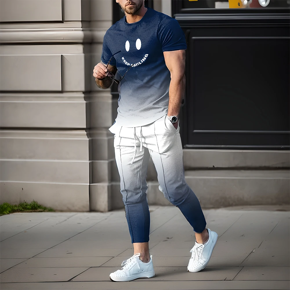 

Summer Men Clothing 2 Piece Set Tracksuits Fashion Smiley 3D Print Short Sleeve T Shirt Jogging Pants Casual Trend Streetwear