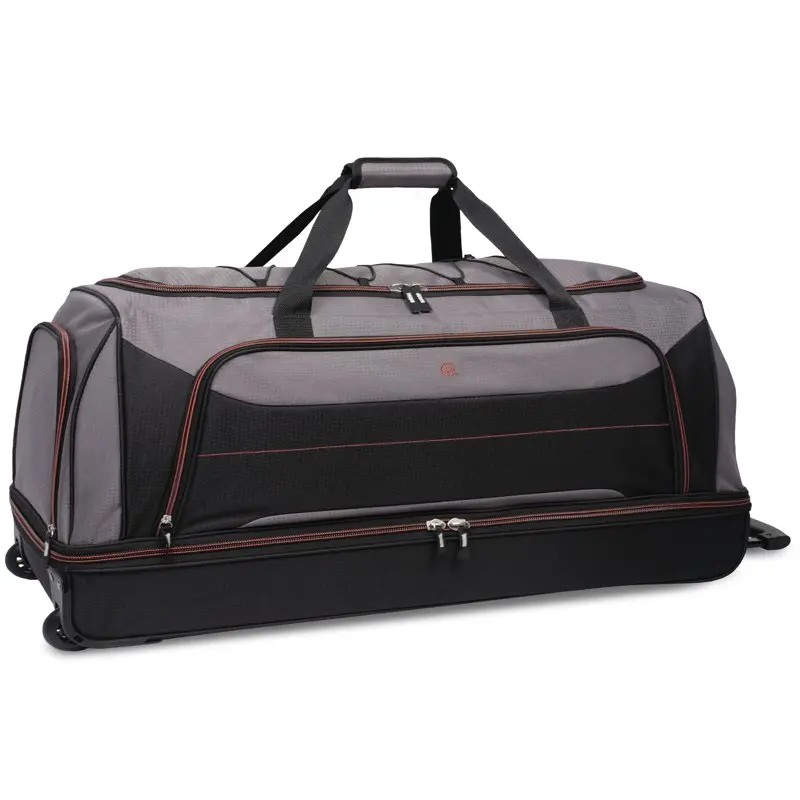 30 In Rolling Drop-Bottom Duffel Bag for Travel, Black and Grey
