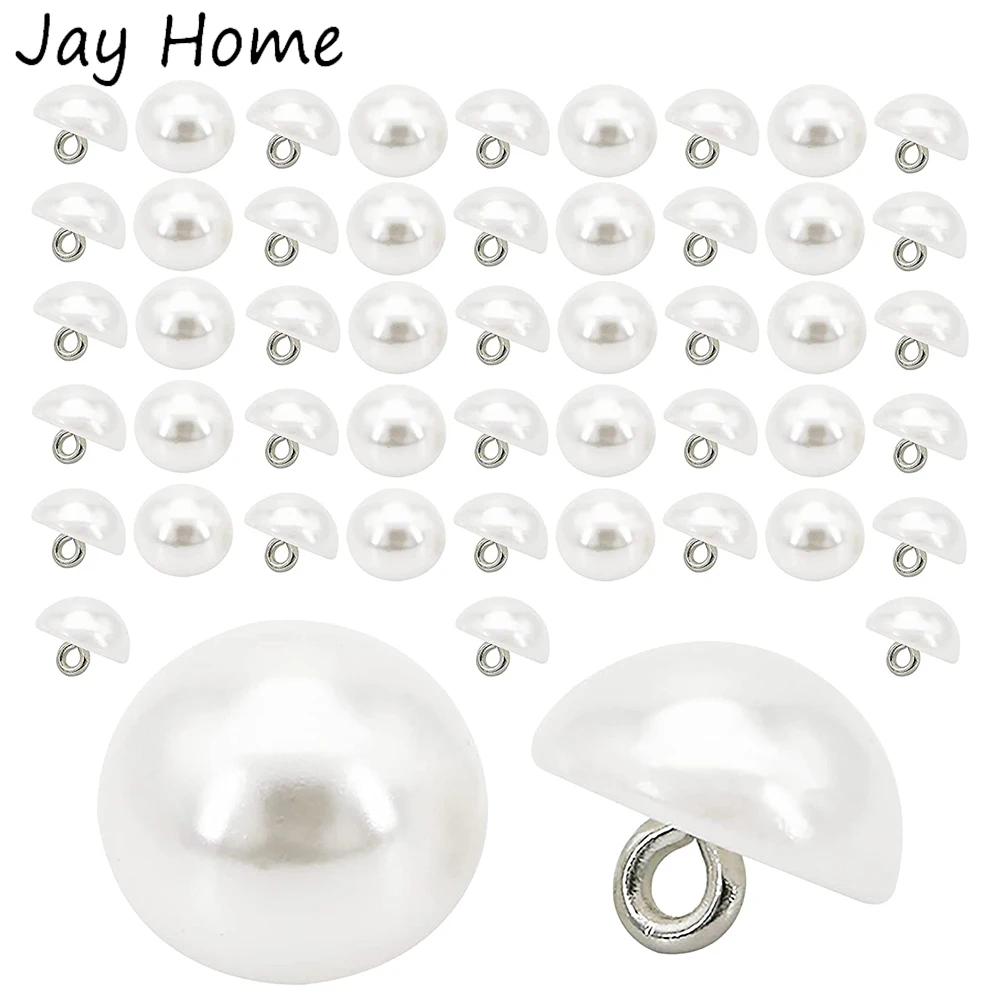 

10/40PCS White Pearl Button Semi-Circular Pearl Buttons Cap Half Ball Dome with Metal Circle Hook Buttons for Sewing Accessories