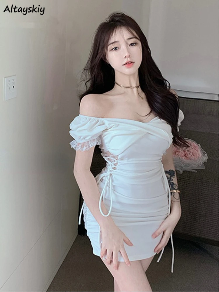 

Short Puff Sleeve Dress Women Bandage Design Slash Neck Sexy Sheath Young Beach Trendy Retro Cozy Holiday Casual Vestidos Chic