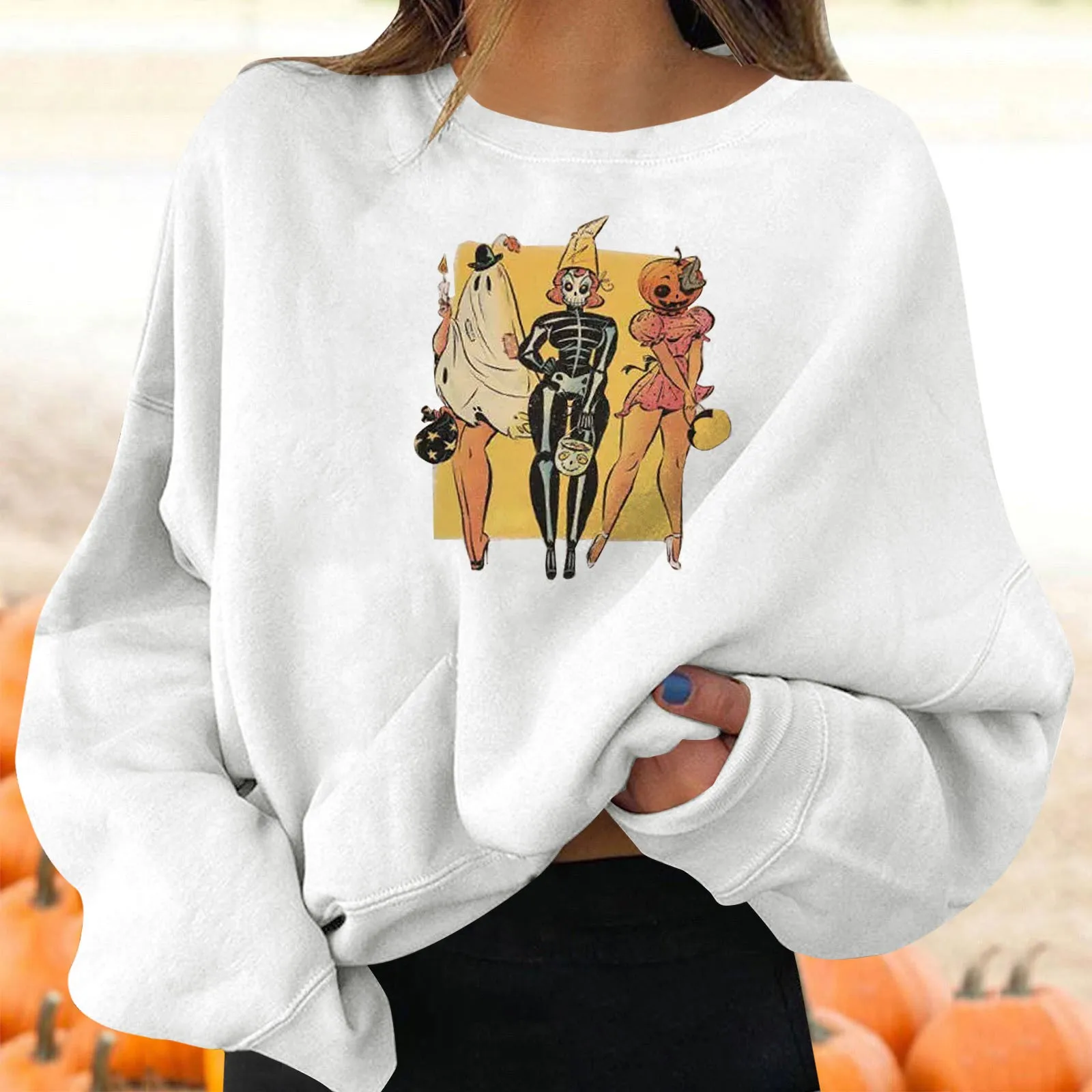 

Long Casual Top Women's Halloween Pullovers Fun Graphic Print Round Neck Long Sleeve Sweatshirt Tops Ladies Sweatshirts Zipper