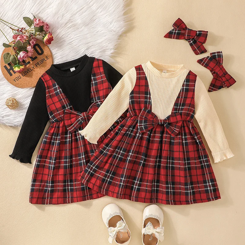 

Autumn Winter 2022 New Arrivals Girls Cute Dresses Long Sleeve O Neck Plaid Bow Black Cute Sweet Baby Dress Vestidos 4-7T