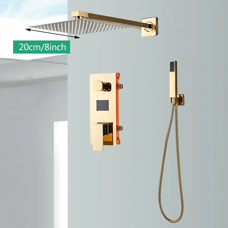 

Gold Shower Faucet Digital Display Rainfall Bathroom Shower System Wall Mounted Concealed Box Mixer Tap with Tub Spout