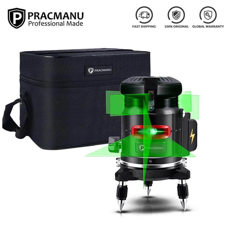 Pracmanu-Nivel láser autonivelante, herramienta de nivelación de 360 °, 5 líneas, 6 puntos, recargable, a prueba de polvo, teclado táctil de goma, Base giratoria