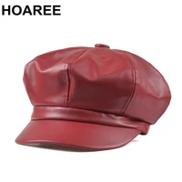hoaree red newsboy cap pu leather solid octagonal cap autumn winter vintage ladies flat cap female beret hat