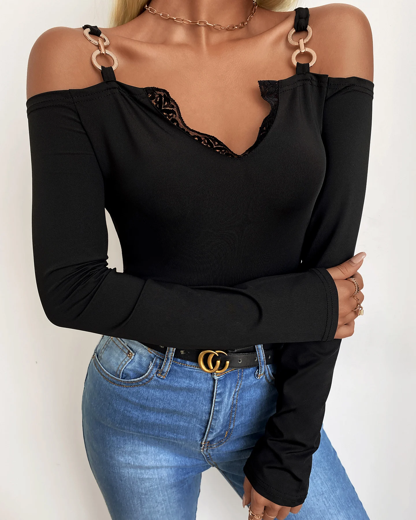 

Chicme Lace Trim Cold Shoulder Chain Strap Tee Top Women Sweetheart Neck Long Sleeve Blouse Solid Black T-shirts Casual Pullover