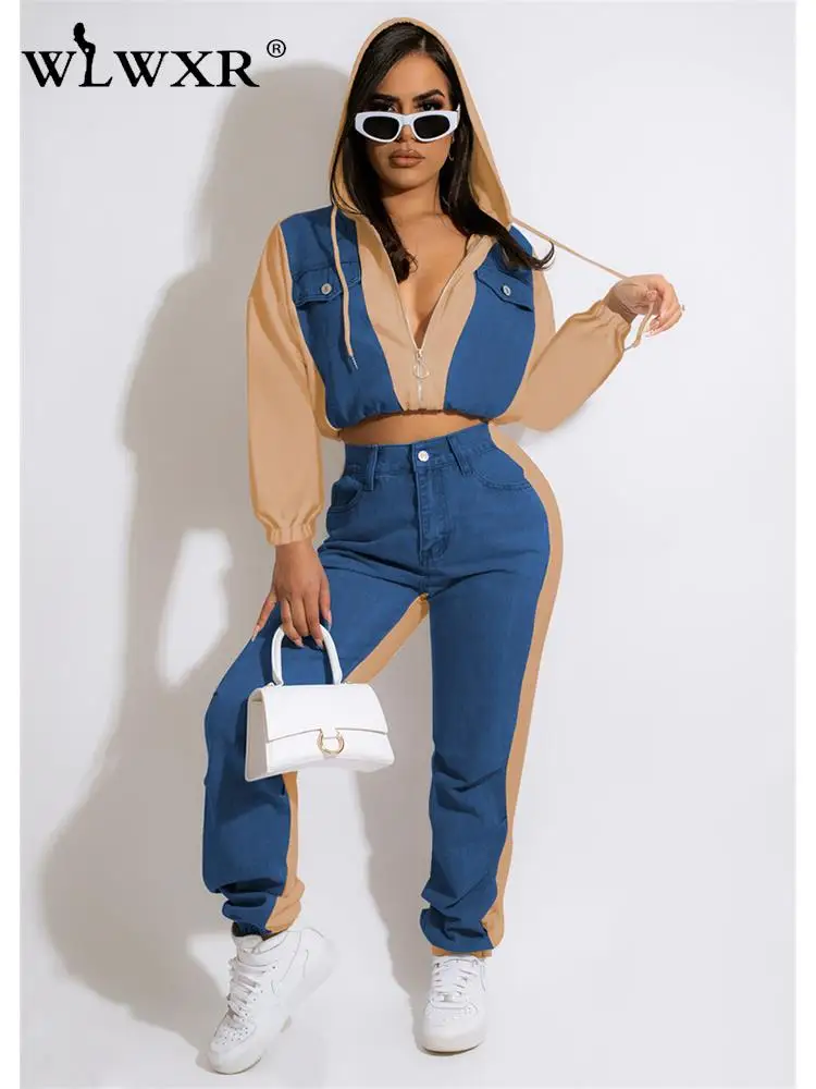 

WLWXR Autumn Streetwear Tracksuit Womens 2 Two Piece Set Outfits Long Sleeve Hoodie Crop Top Baggy Pants Patchwork Matching Sets