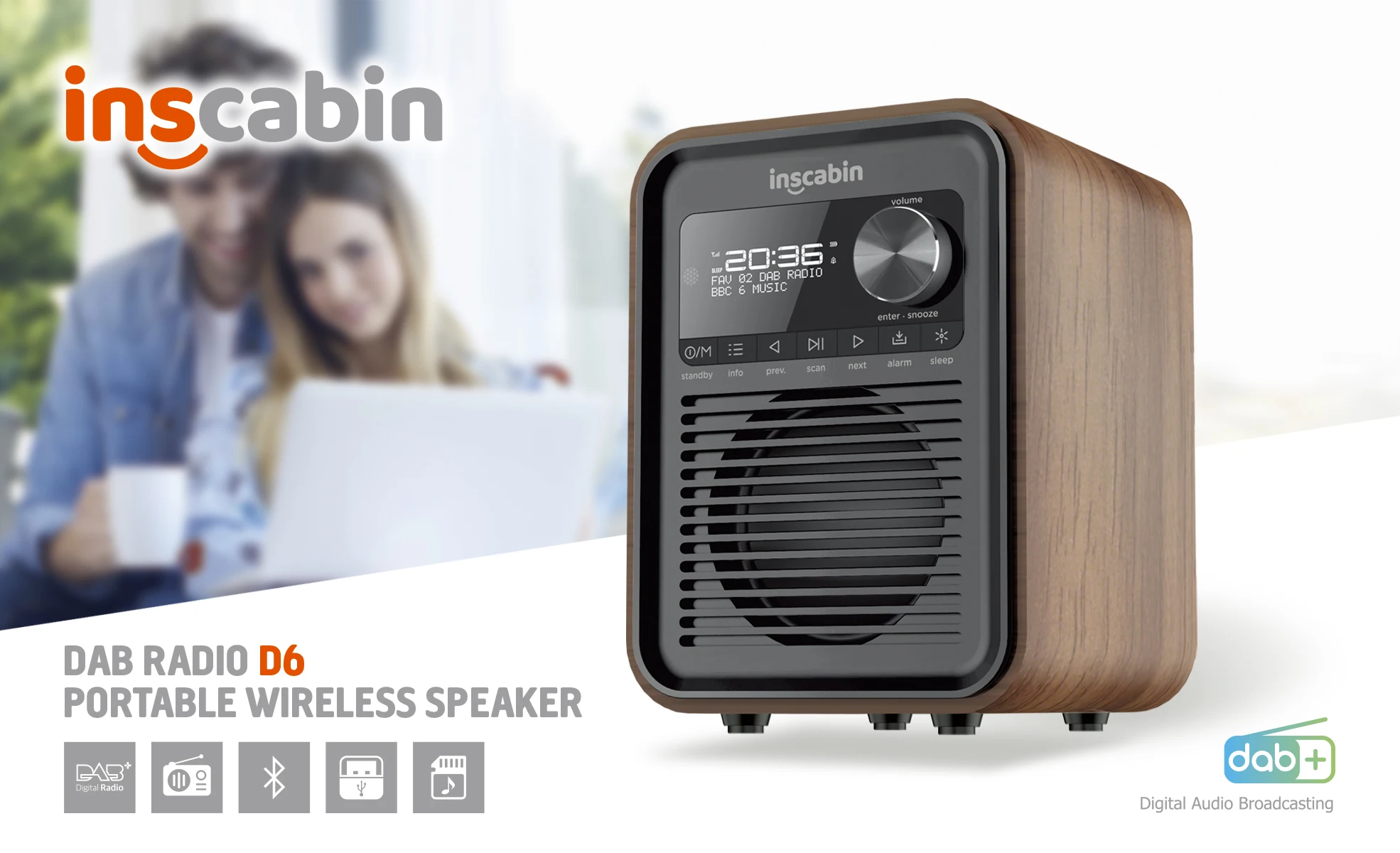 Портативный беспроводной динамик Inscabin D6 DAB с Bluetooth FM-радио/красивый