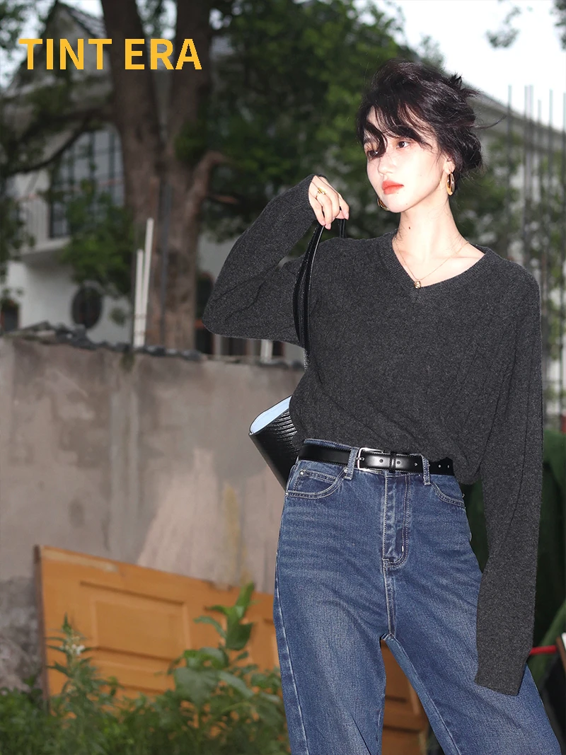 

TINT ERA French Fashion Autumn Winter New Trend Hong Kong Style Design Pure Wool V-neck Knitted Top Long Sleeve Shirt Women