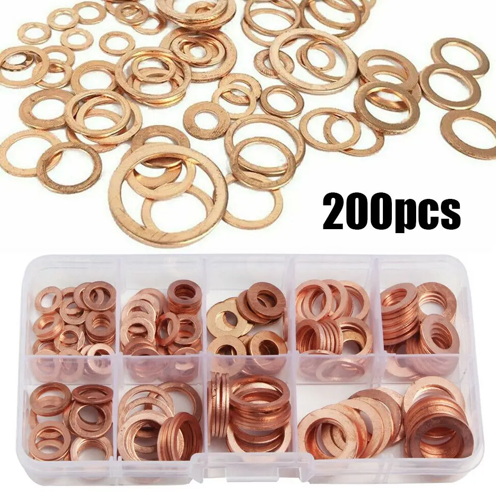 

200PCS/Set Solid Copper Washer Car Engine Flat Gasket Copper Fasteners Crush Washers Set Auto Replacement Parts