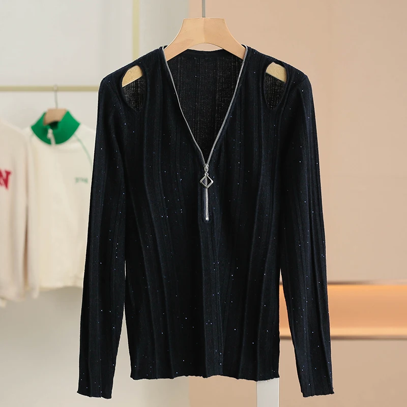 Xking [Hang * Qin] Полый пуловер с блестками и шерстяной вязкой ~ 2024 зимняя одежда новая