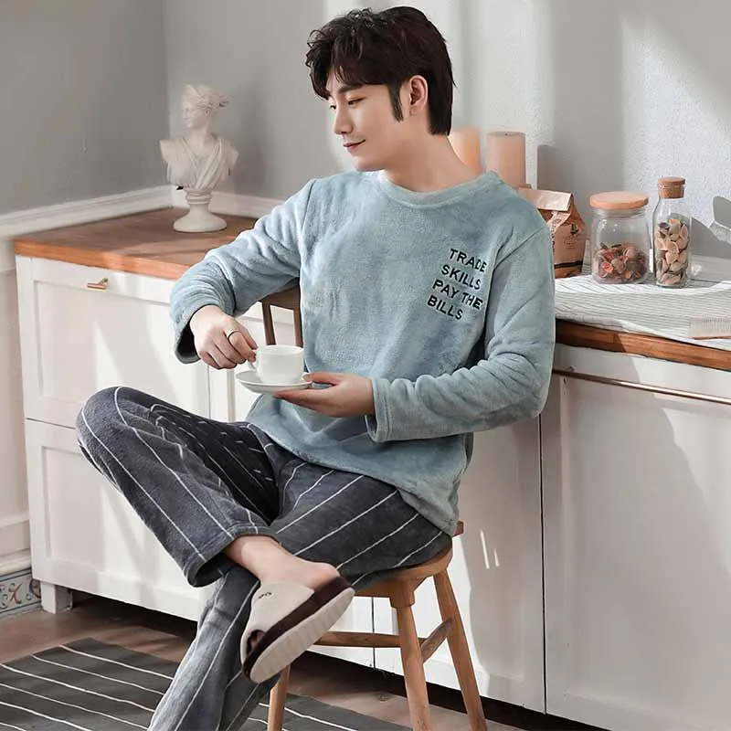 Thicken Warm Flannel Pajamas Set Male Long Sleeved Cartoon Men's Winter Leisure Loose Home Cloth Autumn Loose Men Sleepwear Top