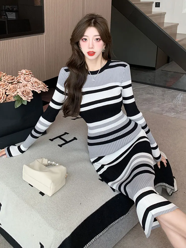 

JXMYY 2023 Autumn And Winter New Fashion New Elegant Temperament Striped Knit Dress Women's Sweater Base Skirt Lazy Style