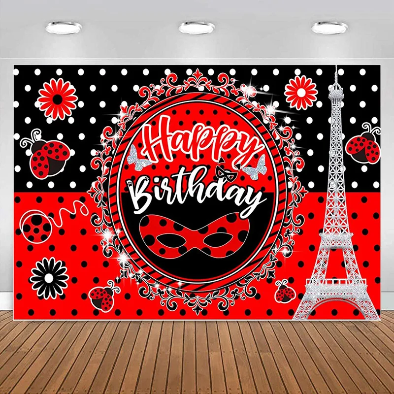 

Happy Birthday Photography Backdrop Girls Kids Bday Party Decoration France Eiffel Tower Red Black Polka Dots Background Banner