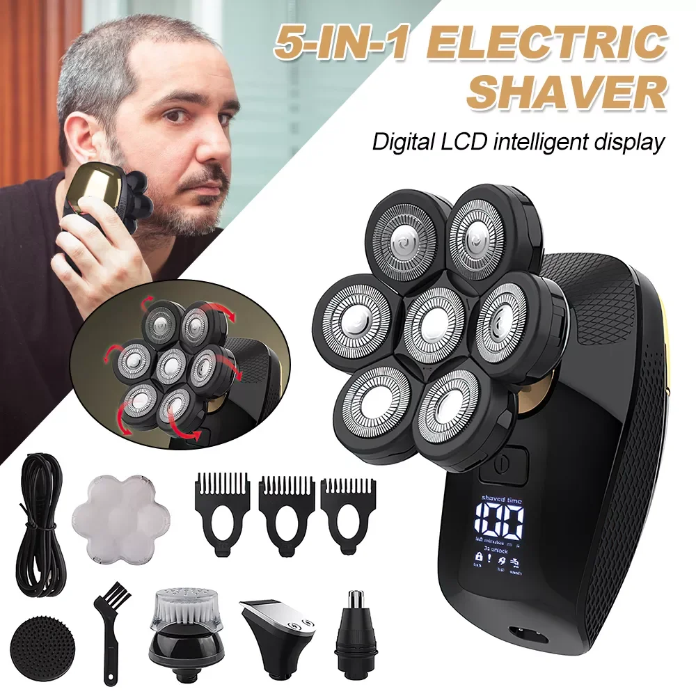 

NEW2023 5 In 1 7D Men's Rechargeable Bald Head Shaver 7 Floating Heads Beard Nose Ear Hair Trimmer Clipper Facial Brush