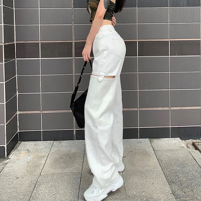 Women High Waist Mom Wide Leg Jeans 2021 Loose Ripped Straight Trouser oversized Vintage Boyfriend Hollow Out Denim Pants Street