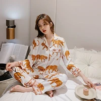 leopard print womens pajama set long sleeve ladies luxury satin sleepwear silk spring summer 2 pcs with pants pijama for female