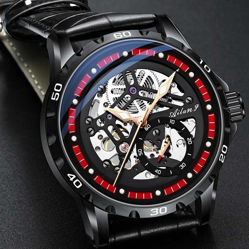 

AILANG New Fashion Skeleton Mechanical Watch Leather Waterproof Luminous Casual Men Automatic Wristwatches Steampunk Clock