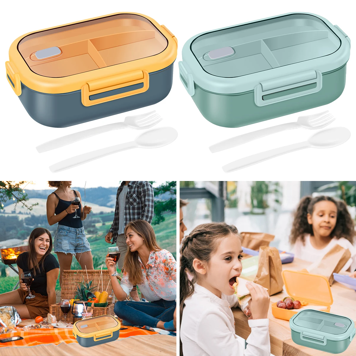 850ml Bento Box 2 Layer Lunch Box Leak-Proof Bento Box Food Container with 3 Compartments Reusable Microwavable Dinnerware