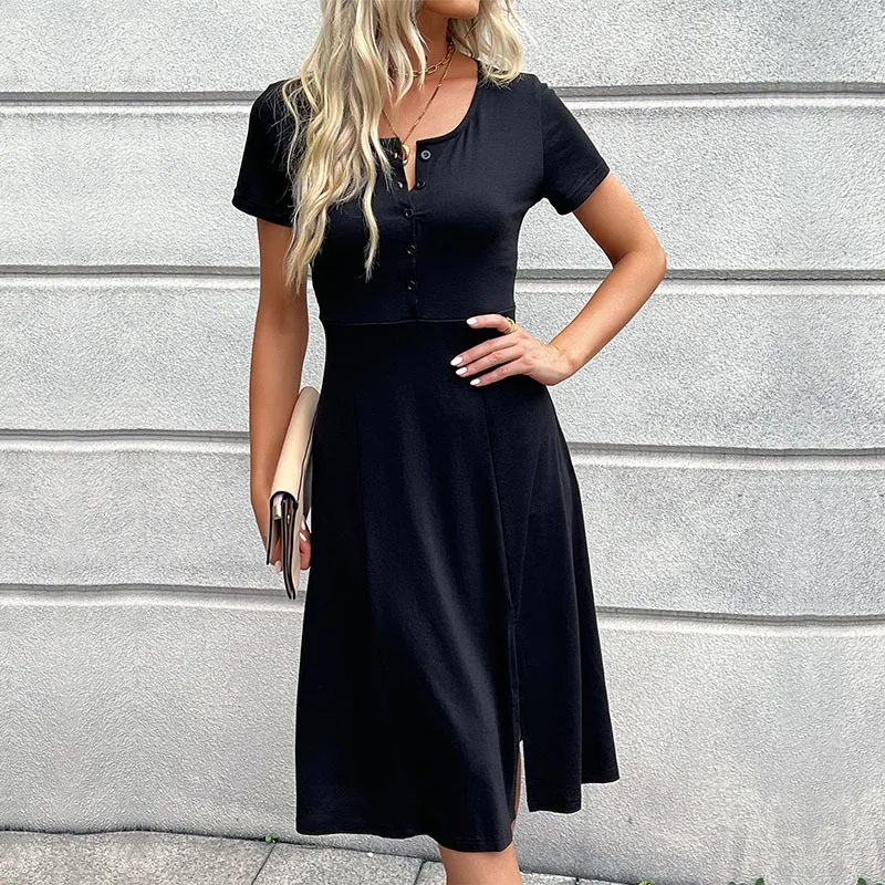 

2023 Summer New Fashion Style Commuter Short Sleeve Split European and American Women's Round Neck Pullover Solid Color Dress