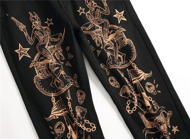 Men's Slim 3D Print Jeans Fashion Sexy Beauty Flag Skull Painted Black Stretch Denim Pants for Men