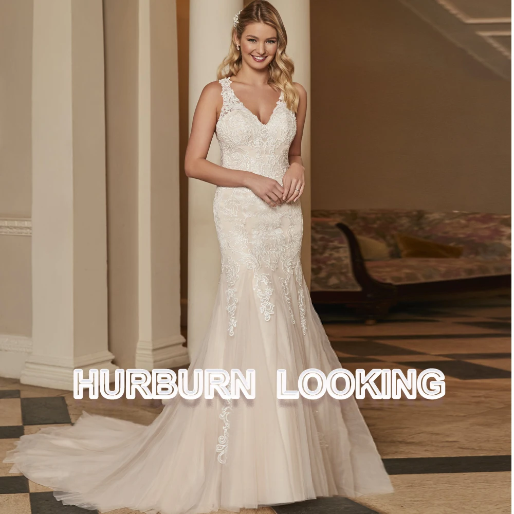 

HERBURN Luxurious Mermaid Wedding Dress Bridal Tank Pleated Tulle V-Neck Elegant Goddess Sexy Customize New Arrival Occasion