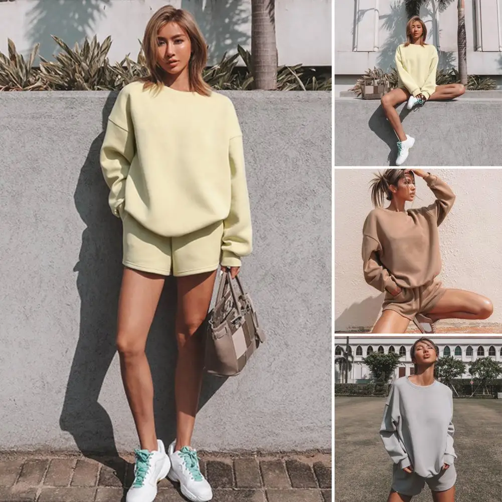 

2 Pcs/Set Women Tracksuit Set Solid Color Round Neck Long Sleeve Pullover Sweatshirt Elastic Waist Shorts Loose Autumn Suit